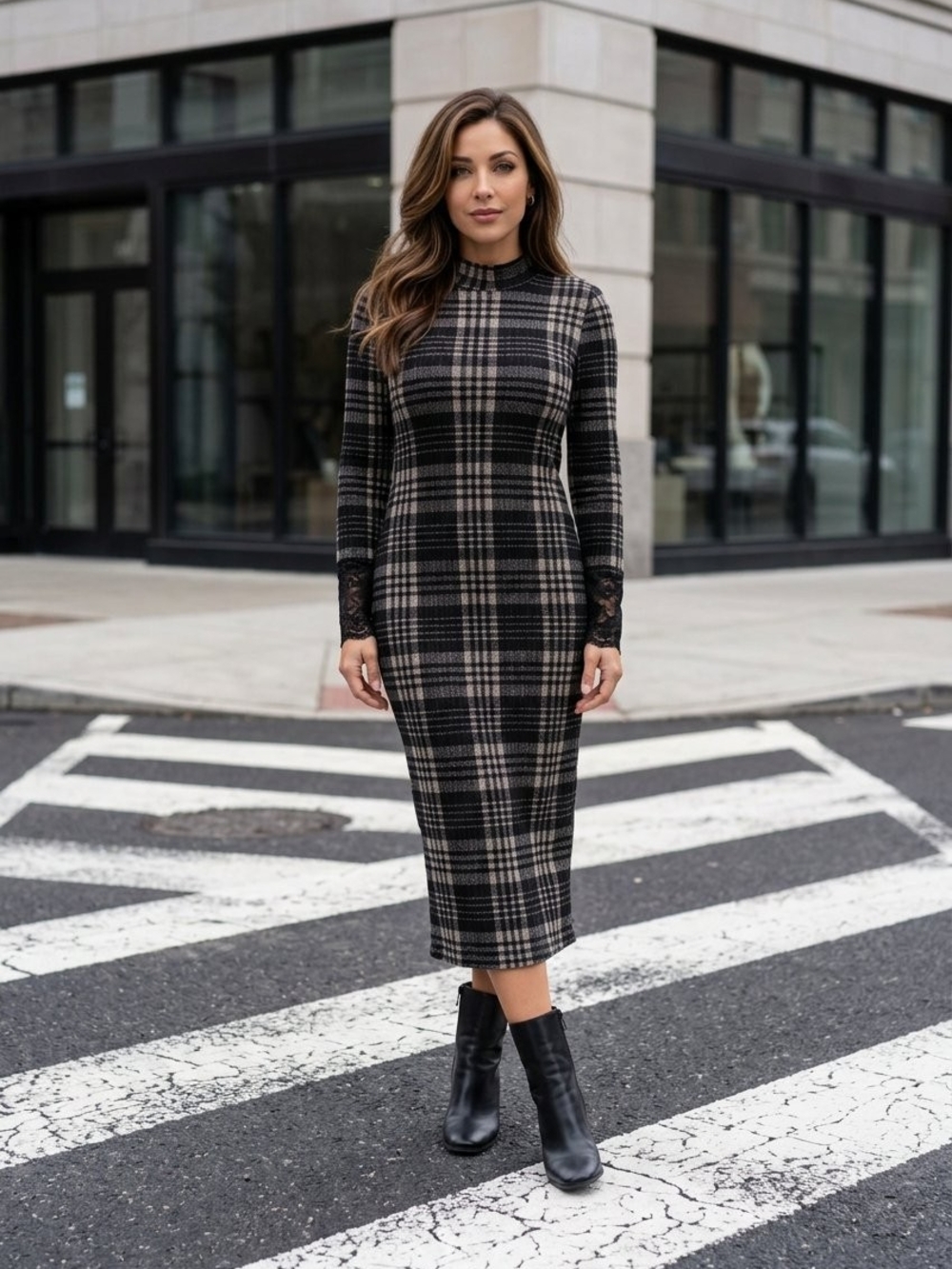 VENUS Plaid Midi Dress in Black and Gray